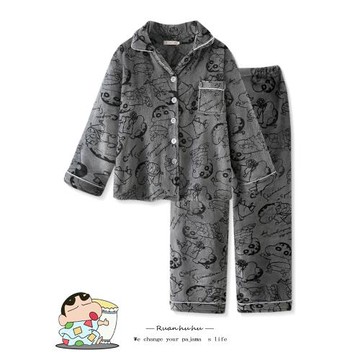 蠟筆小新珊瑚絨睡衣女款秋冬季2024新款加厚加絨情侶冬天家居服男