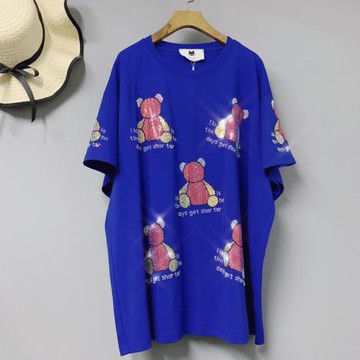 2022春夏新款歐貨大碼女裝燙鉆卡通小熊彩鉆寬松中長款短袖T恤女