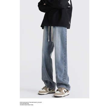 秋季復古水洗牛仔褲男時尚潮流直筒寬鬆百搭休閒長褲男