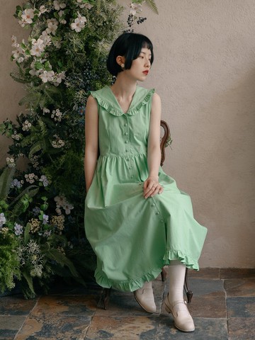 薄荷綠色 V領木耳花邊洋裝 束腰修身襯衫連身長裙
