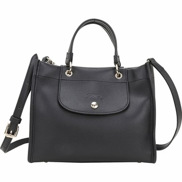 LONGCHAMP Cabas S 奔馬翻蓋梅蒂斯羊皮手提/斜背托特包(黑色)