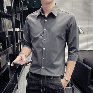 新品【夏季】七分袖纯色男士短袖襯衣帥氣潮流中袖上衣休閒百搭痞帥七分袖襯衫男