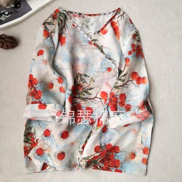 錦瑟春夏文藝復古苧麻印花上衣斜襟繡線七分袖短襯衫國風禪意茶服