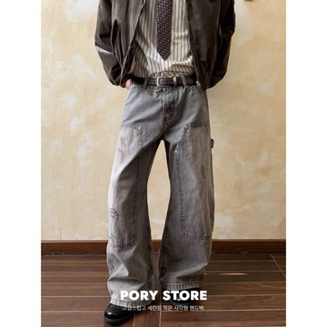【PORY STORE】獨家！重磅❗️韓系鉚釘牛仔褲 落地褲 實拍 韓系 穿搭 男生 寬鬆 牛仔寬褲 牛仔長褲 長褲