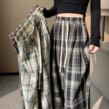 格子褲 春夏闊腿褲 復古風 繫帶休閒褲 高腰直筒 薄款闊腿褲子女 闊腿褲 運動褲 高腰直筒褲 直筒寬褲 女生長褲 休閒褲