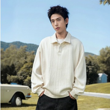 【美式男女款】經典質感翻領提花肌理POLO上衣