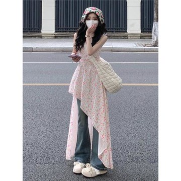 海邊度假碎花吊帶連衣裙2024新款女夏季韓系疊穿罩裙不規則長裙子