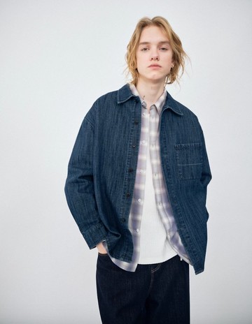 日系復古 水洗牛仔長袖襯衫