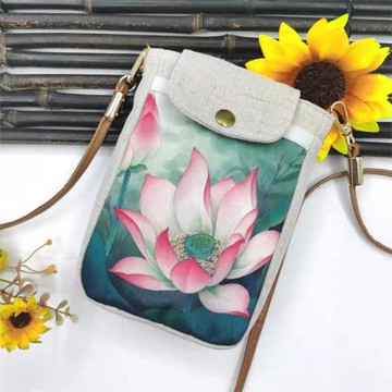斜挎手機包女 裝手機的小包包 中國風小眾緞面印花棉麻荷花手機包