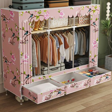 臥室家用簡易衣櫃 出租房用布衣櫃 宿捨帶抽屜掛衣櫃 大容量結實耐用 簡易衣櫃 全鋼架佈衣櫃 附抽屜 組裝衣櫥架子