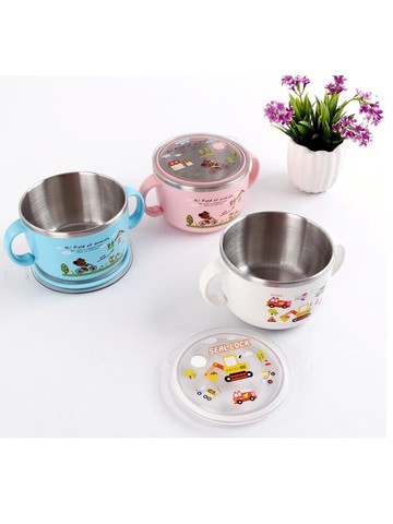 兒童碗大童小學生雙耳帶蓋把手一年級家用不銹鋼餐具外出單個湯碗