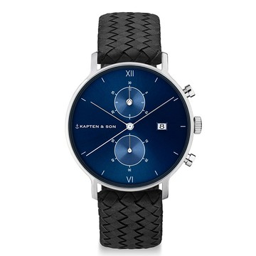 Kapten & Son CHRONO計時系列藍色錶盤編織手錶(黑)