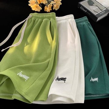 華夫格短褲男夏季休閑運動褲字母刺繡褲子薄款寬松五分褲男士中褲