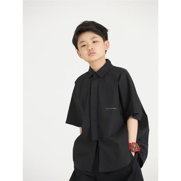 MT原創童裝日系男童黑色短袖襯衫兒童中性襯衣街舞嘻哈潮服中大童