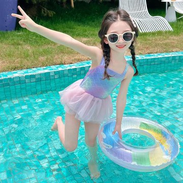 女童吊帶裙式泳衣夏季2024新款女寶寶美人魚泳裝兒童女孩游泳服裝