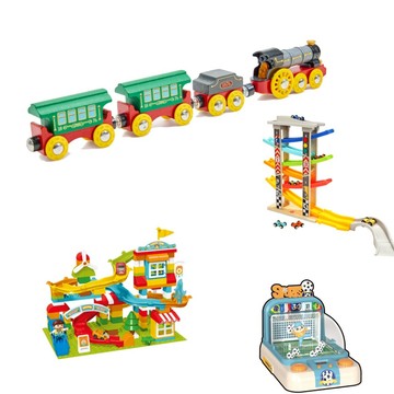 玩具贈品4選2德國Hape經典蒸汽聲光列車/德國Topbright 六軌競速滑翔車/足球玩具/積木軌道組