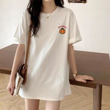 2022年夏季韓版大碼白色T恤寬松中長款半袖南瓜印花上衣女孕婦裝