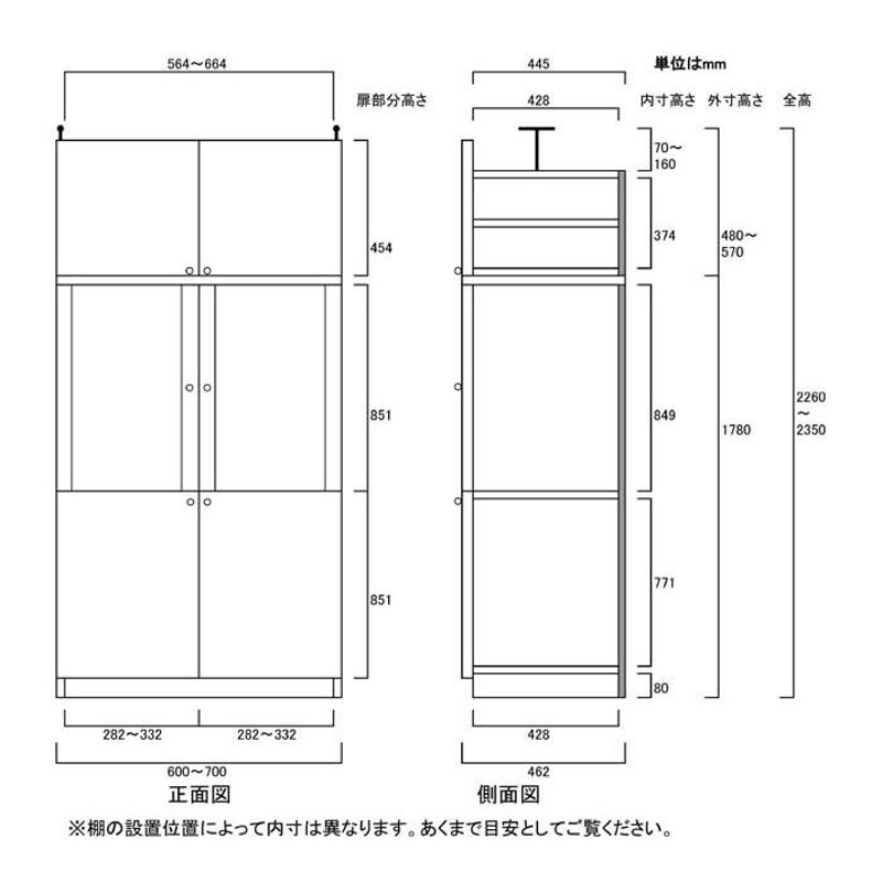 オープン壁面収納 収納棚 高さ２２６〜２３５ｃｍ幅６０〜７０ｃｍ奥行