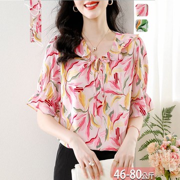 荷葉領繫帶花卉印花泡泡袖上衣(2色) M-3XL【921775X】【現+預】-流行前線-