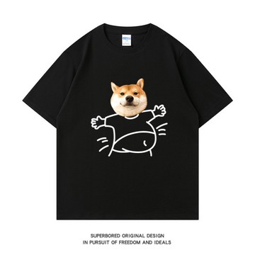 趣味搞笑大肚子柴犬短袖T恤夏季純棉寬鬆圓領運動半袖 女生上衣 印花寬鬆情侶短袖T 上衣女 美式t