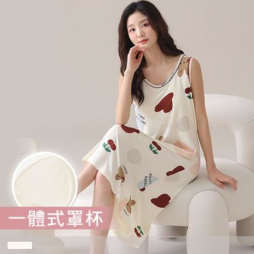 【PINK LADY】罩杯式 莫代爾棉連身睡裙 棕兔白夢 印花無袖 居家服(女睡衣/春夏/內含胸墊/涼爽透氣) 88012