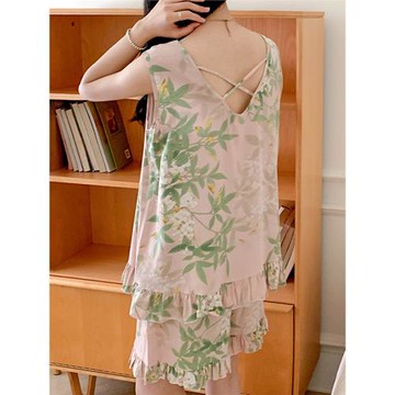 2024新款棉綢睡衣女夏人造棉無袖寬松短褲甜美復古風新中式家居服