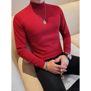 半高領長袖t恤男秋冬季高級感修身彈力百搭中領純色緊身打底衫潮T