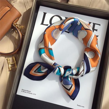 小溜家春季新款百搭撞色拼圖圍巾小領巾桑蠶絲真絲絲巾53cm小方巾