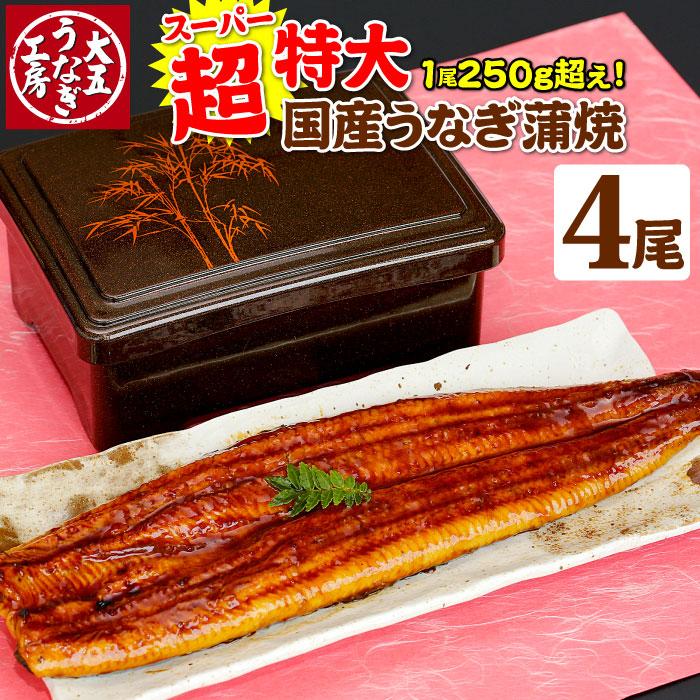 超特大うなぎ蒲焼 250g以上×4尾セット（8〜12人前） 国産うなぎ 蒲焼 1キロ 1kg 土用の丑の日 土用 丑の日 ご自宅用 お取り寄せ 簡易箱 冷凍 送料無料