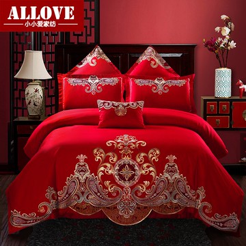 新婚慶四件套大紅色全棉刺繡花婚禮純棉1.8m結婚床上用品六七件套