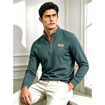 立領長袖T恤男士半高領拉鏈Polo衫男裝純棉體恤秋冬季上衣服綠色