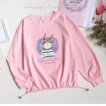 女大童 手繪風圓眼鏡小兔薄棉長袖上衣 秋冬童裝 大童上衣 大童長袖 女童長袖 女童上衣 秋冬上衣