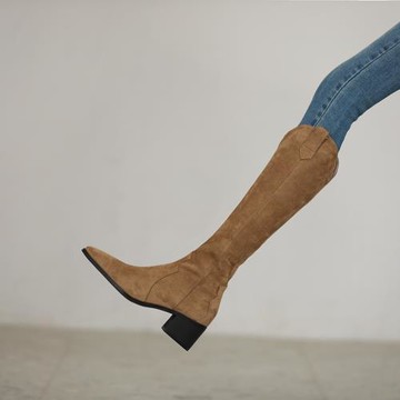 長筒靴女2022年秋冬新款尖頭粗跟韓版歐美英倫顯瘦高筒長靴西部靴