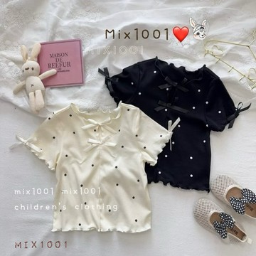 🌈✨木耳邊蝴蝶結🎀點點上衣✨兒童滿版點點短版上衣 5-17