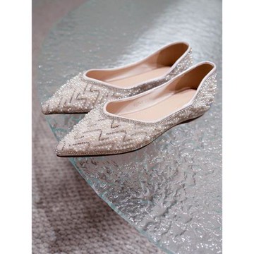 平底鞋女2023新款尖頭淺口珍珠水鉆軟底旗袍配裙婚鞋仙女溫柔單鞋