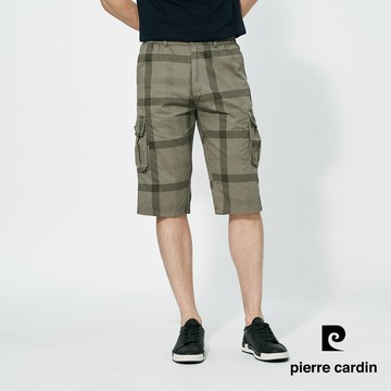 【pierre cardin 皮爾卡登】男款 側鬆緊腰頭印花格紋平口休閒七分褲-卡其綠 (5257965-84)