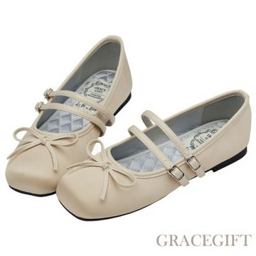 【Grace Gift】芭蕾女伶方頭雙帶平底瑪莉珍鞋 深杏