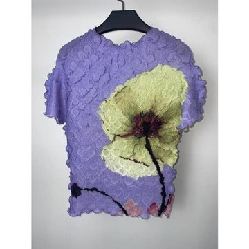 風格立體油畫感花卉高彈抓褶抗皺短袖圓領T恤修身百搭上衣女