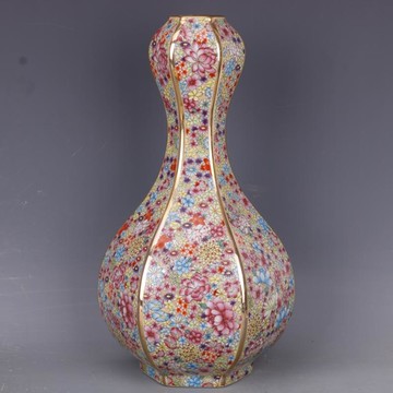 清乾隆粉彩萬花紋蒜頭瓶仿古工藝瓷器家居中式擺件古董古玩收藏1入