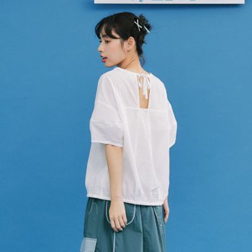 【Dailo】綁結露背燈籠袖短袖上衣 黑 白 綠