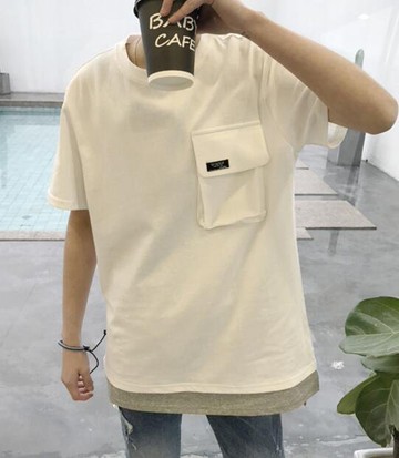 FINDSENSE品牌 男 時尚 街頭 潮 純色 口袋 假兩件 寬鬆 短袖T恤 特色短T