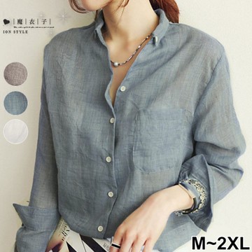 【QV3992】魔衣子-純色薄款防曬亞麻翻領長袖襯衫/外套