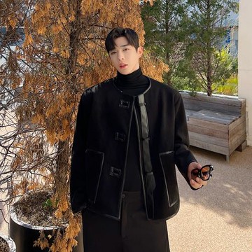 2022秋冬款復古圓領毛呢外套男小眾拼皮設計感韓版高級感雅痞夾克