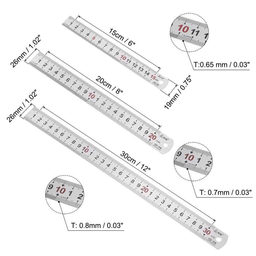 uxcell ステンレス定規 15 cm 20 cmと30 cm 直定規測定ツール 六角HBペンシル付き