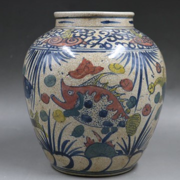 明早期青花釉里紅魚澡紋壇罐家居用品收藏擺件仿古瓷器古董古玩