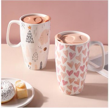 墨色大容量馬克杯帶蓋創意陶瓷杯子女生夏季家用喝水杯情侶咖啡杯 新年 99購物節