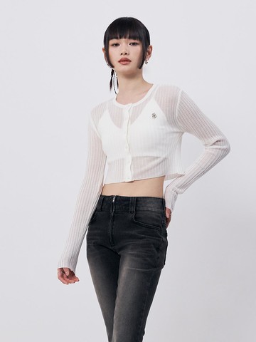 See-through Crop Knit Cardigan [IVORY]