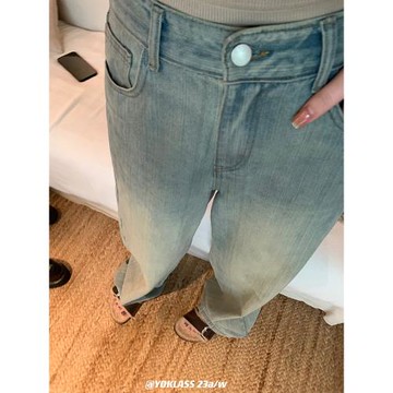YOKLASS 2025新款牛仔褲夏季水洗復古闊腿直筒寬松小個子長褲
