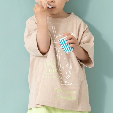 日本 petit main - 100%棉 塗鴉系食物印花短袖上衣-蘇打汽水-米杏