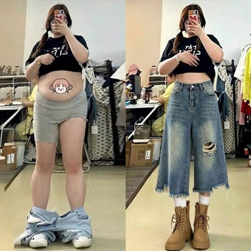 佰分佰/100kg內可穿/大尺碼女裝/夏裝/美式複古破洞牛仔短褲/七分褲/寬鬆/高腰/直筒褲/闊腿褲/女生短褲